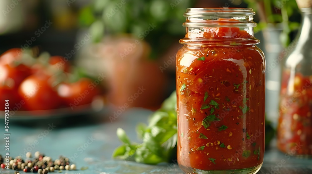 Beside it is a glass jar filled with handmade tomato sauce tomatoes and seasonings