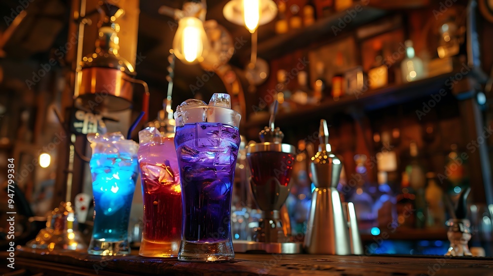 Beverages with glowing hues at a steampunk pub Beverages with glowing hues at a steampunk pub