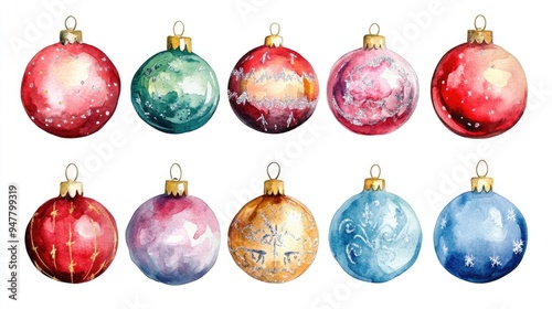 Watercolor illustration of a set of Christmas ball clipart elements