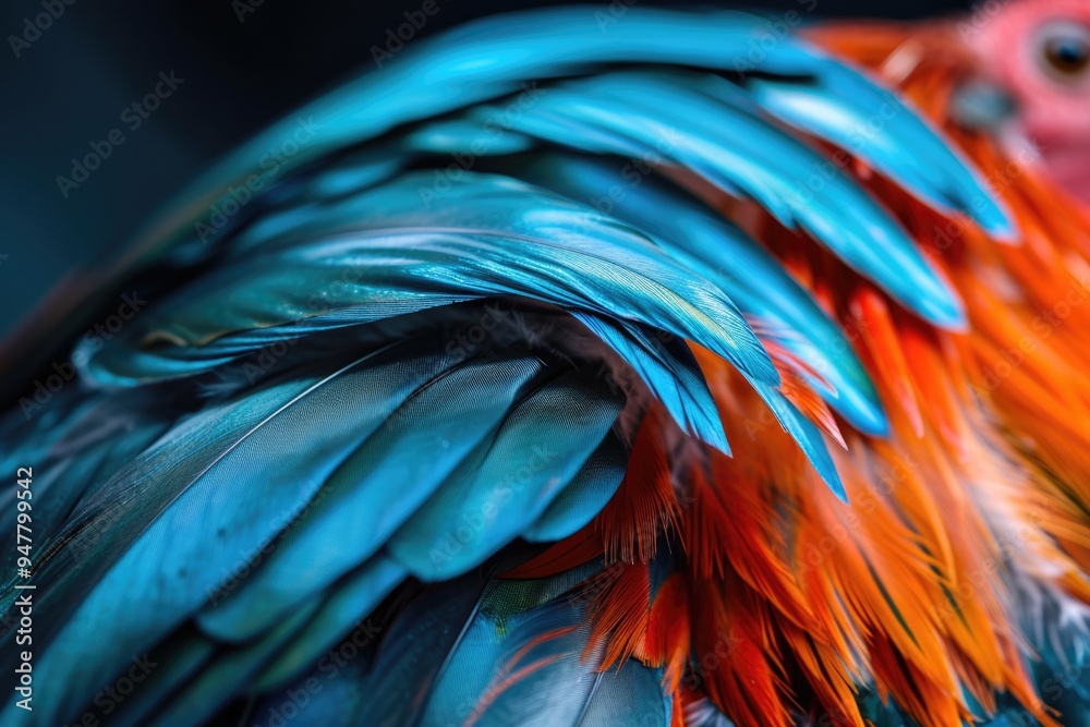 Obraz premium Vibrant Rooster Feather: Close-up Macro Abstract with Beautiful Details and Reflective Elements