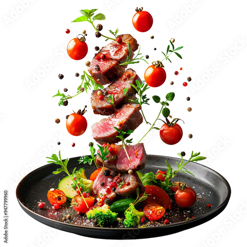 floated Veal tenderloin with seasonal flying vegetables png