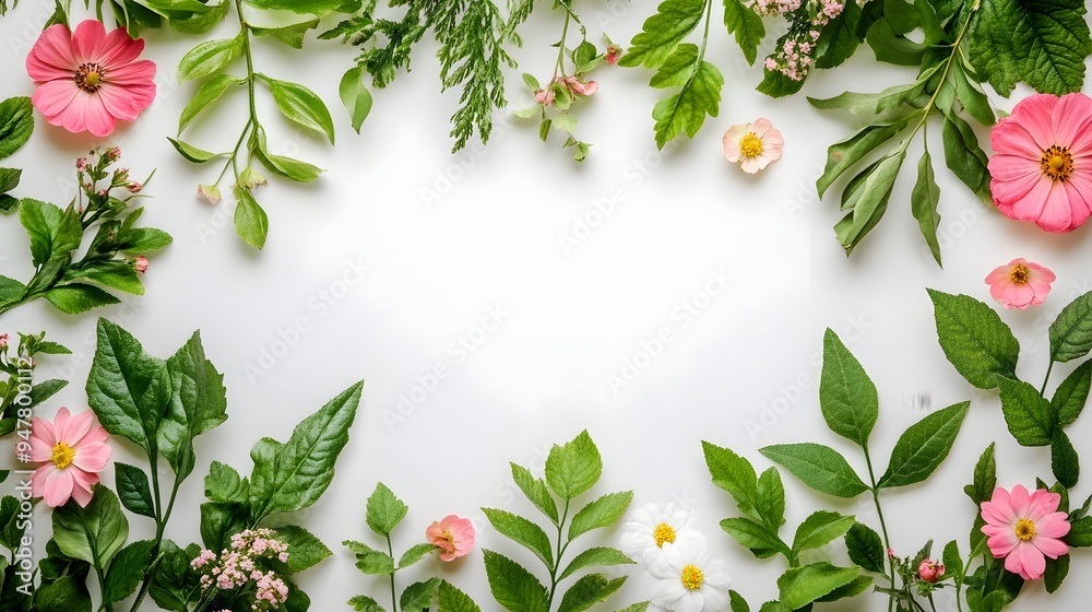 Elegant spring flowers and leaves on a serene white background with copy space Elegant spring flowers and leaves on a serene white background with copy space