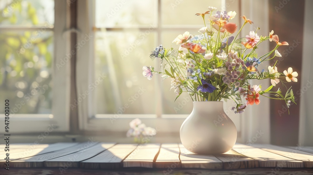 Sunlit Serenity White Vase Overflowing with Fresh Spring Wildflowers on Tabletop Sunlit Serenity White Vase Overflowing with Fresh Spring Wildflowers on Tabletop