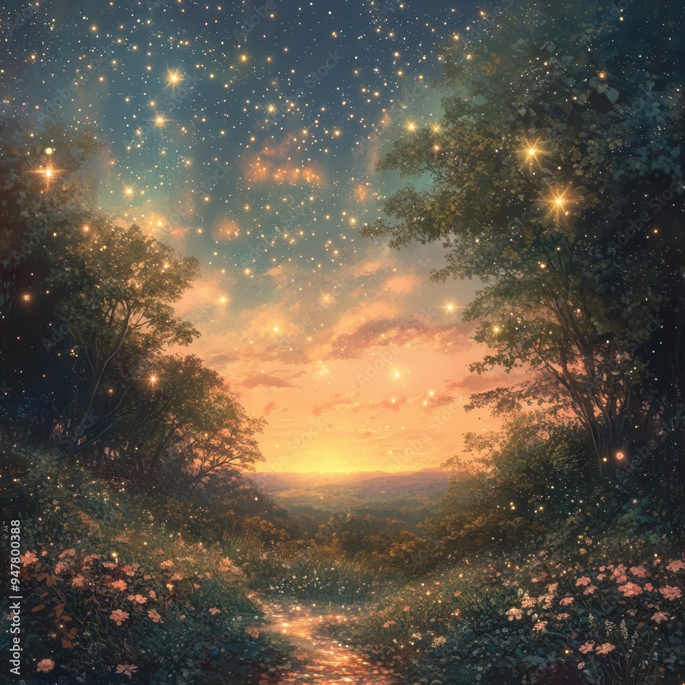 Ethereal landscape with a luminous sky filled with sparkling stars, casting a magical glow over a serene, dreamy forest Ethereal landscape with a luminous sky filled with sparkling stars, casting a magical glow over a serene, dreamy forest