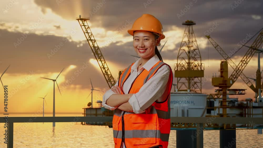 Side View Of Asian Female Engineer With Safety Helmet Crossing Her Arms And Smiling While Standing With Hydrogen Production Side View Of Asian Female Engineer With Safety Helmet Crossing Her Arms And Smiling While Standing With Hydrogen Production