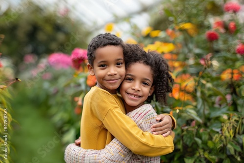 Two 10-year-old brothers cuddling in the garden together with flowers