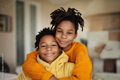 Two African-American brothers cuddling at home in a yellow sweatshirt and orange jumper.