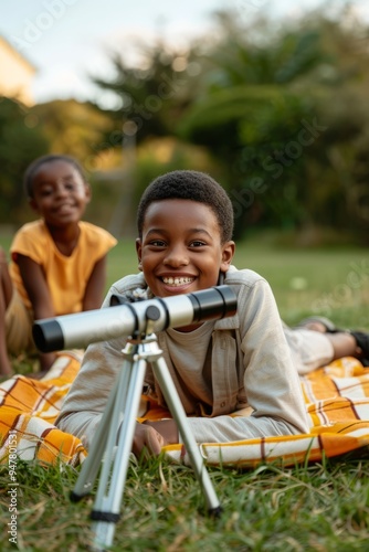 A young boy is laying on the grass with a telescope in front of him.