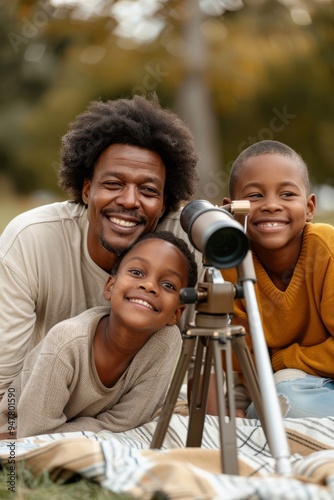 A man and two children are laying on a blanket in a park, looking through a telescope.