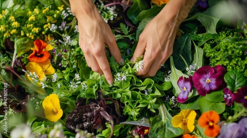 Fresh Easter Salad GardenFresh Greens Colorful Edible Flowers and Homemade Vinaigrette Vibrant Spring Cooking Image photo