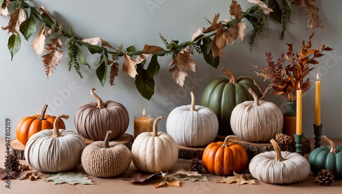 Eco-friendly Halloween decorations. Recycled paper garlands, natural dried leaves, handmade fabric pumpkins, and beeswax candles, Zero waste concept