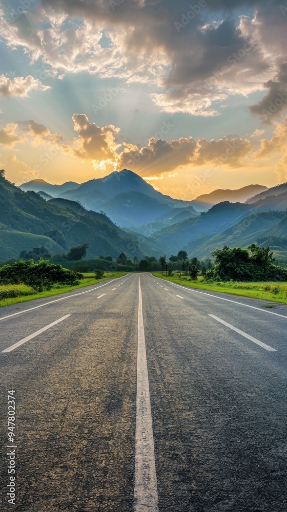 Naklejka premium A long road with mountains in the background