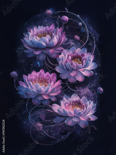 A cosmic, ethereal arrangement of flowers and celestial elements.