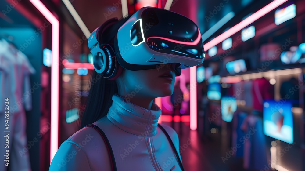 Virtual reality retail, immersive shopping environments, 3D illustration, futuristic marketing concept, copy space, Style Virtual reality retail, immersive shopping environments, 3D illustration, futuristic marketing concept, copy space, Style