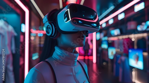 Wallpaper Mural Virtual reality retail, immersive shopping environments, 3D illustration, futuristic marketing concept, copy space, Style Torontodigital.ca