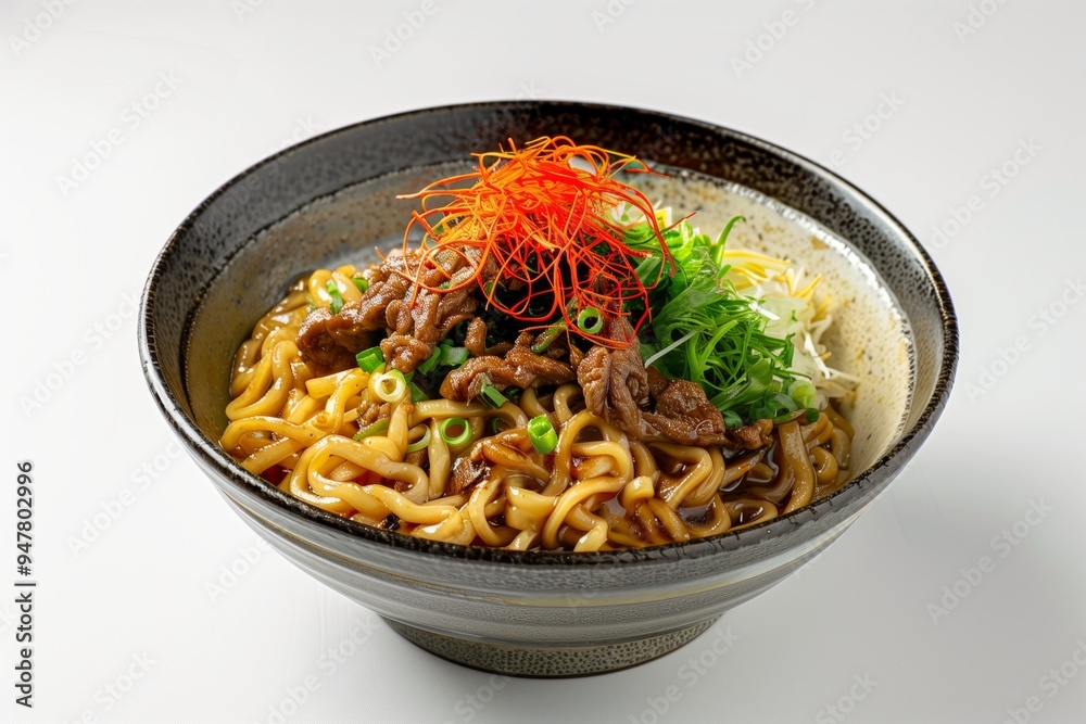 Delicious bowl of beef udon noodles garnished with fresh scallions and chili threads served in a traditional ceramic dish