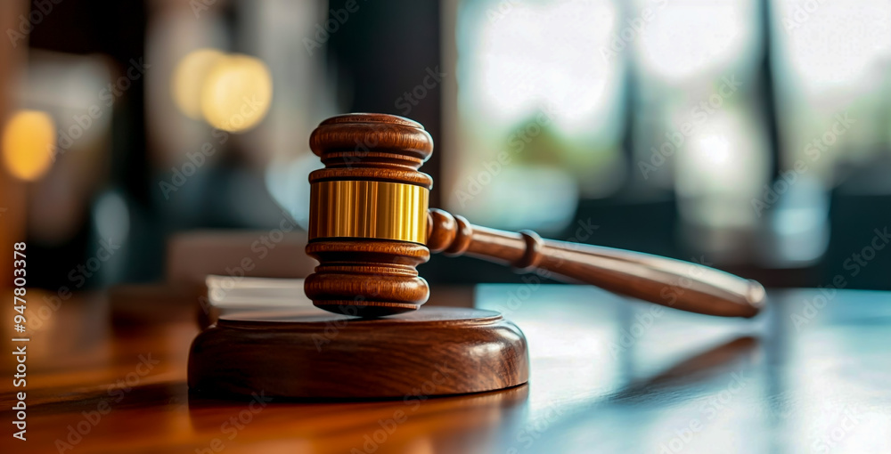 Gavel and book on a table, blurred background of a courtroom Gavel and book on a table, blurred background of a courtroom