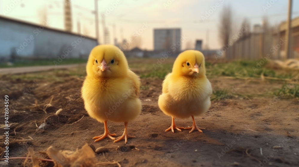 Two Cute Yellow Chicks Standing on the Ground Two Cute Yellow Chicks Standing on the Ground