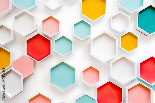 Minimalist abstract art featuring bold, colorful hexagons in a honeycomb pattern on a white background, with subtle gradients.