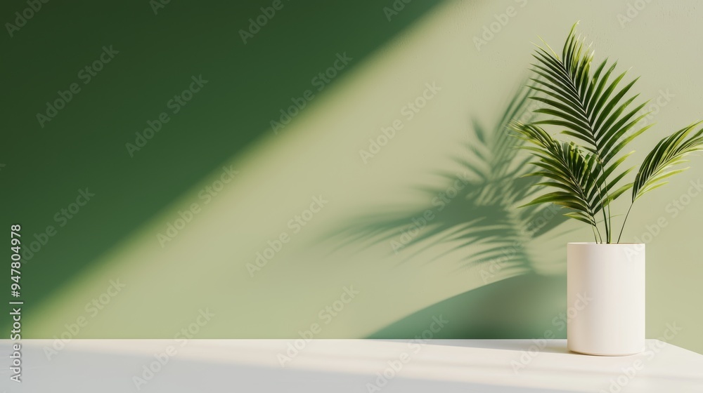 Elegant plant in a minimalist pot casting shadows on a green wall, creating a serene and stylish indoor atmosphere. Elegant plant in a minimalist pot casting shadows on a green wall, creating a serene and stylish indoor atmosphere.