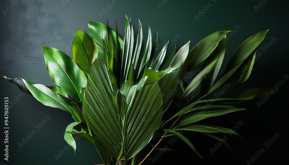 botany and leaves, spring green bouquet of flower against dark wall botany and leaves, spring green bouquet of flower against dark wall