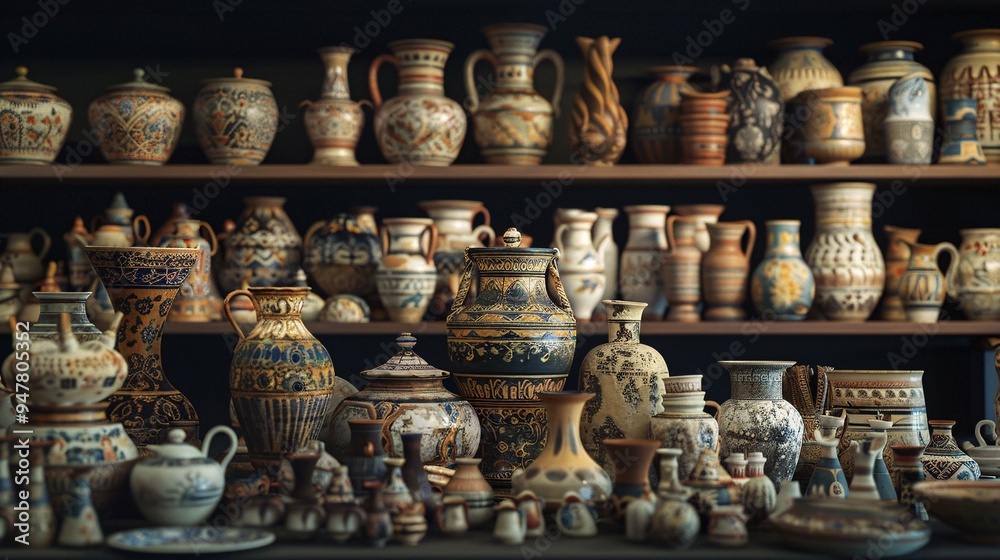 Highly detailed image of a model showcasing a variety of decorative pottery and ceramics Highly detailed image of a model showcasing a variety of decorative pottery and ceramics