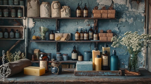 Wallpaper Mural Rustic vintage apothecary stall with old bottles, jars, herbs, and natural soaps in a charming, weathered wooden setting. Torontodigital.ca