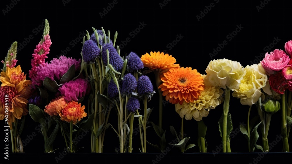 Fototapeta premium Rainbow Flower Bouquet on Black Background