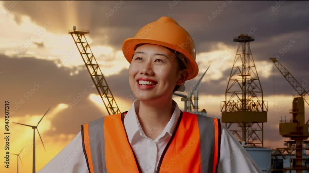 Close Up Of Asian Female Engineer Wearing Safety Helmet Looking Around While Standing With Arms Akimbo With Hydrogen Production Close Up Of Asian Female Engineer Wearing Safety Helmet Looking Around While Standing With Arms Akimbo With Hydrogen Production