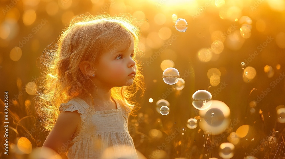 Joyful Child Playing with Bubbles in Sunlit Park Joyful Child Playing with Bubbles in Sunlit Park