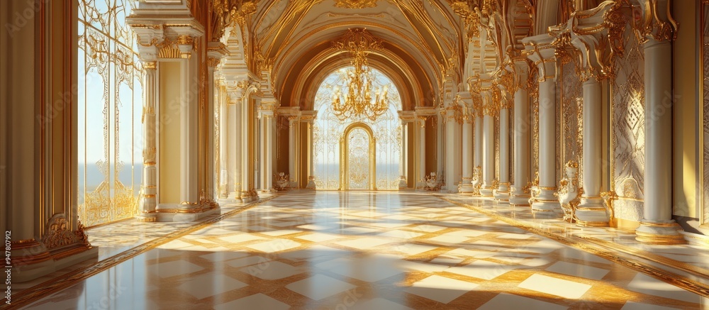 Fototapeta premium Luxurious golden interior of a palace in a 3D rendering