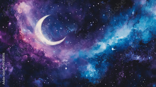 Sleepy purple blue indigo evening mystical moonlight night sky with clouds and stars tranquil slumber relaxing meditation cosmos background backdrop wallpaper meditation crescent moon with copy space