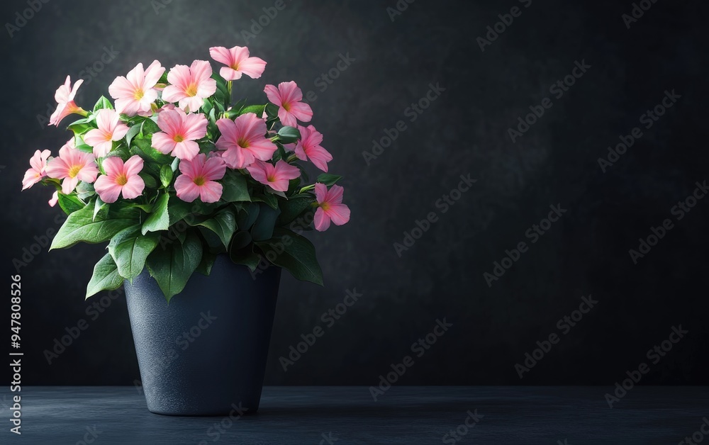 3D rendering of a mini potted flowering plant featuring Saintpaulias against a dark background with selective focus 3D rendering of a mini potted flowering plant featuring Saintpaulias against a dark background with selective focus