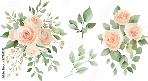 Wallpaper Mural Blush Green Serenity: Watercolor Floral Bouquets with Roses and Leaves Torontodigital.ca