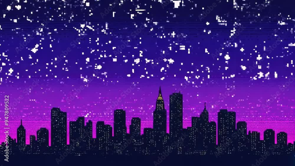 Pixelated cityscape silhouette against vibrant purple sky. Dotted pattern transitions from deep blue to violet. White pixels represent twinkling stars above urban skyline.	