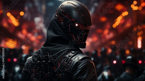 A shadowy robot hacker viewed from behind, with glowing circuits and wires, symbolizing the concept of cybercrime and hacking in a futuristic setting.