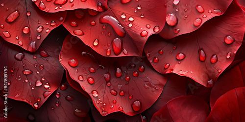 Droplets on red flower petal in close up, version 17