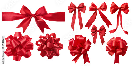Set of different red ribbons and bows isolated on transparent background