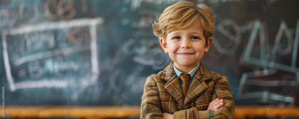 Smiling young schoolboy with curly hair in a classroom, standing in front of a chalkboard. Free copy space for text. Smiling young schoolboy with curly hair in a classroom, standing in front of a chalkboard. Free copy space for text.