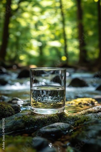 A clear glass of water sits on mossy rocks by a tranquil forest stream