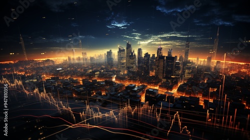 A stock market chart with plunging lines and a high-tech, digital background, representing the concept of financial crisis and market instability.