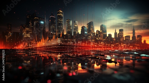 A stock market chart with sharp declining lines on a high-tech abstract background, symbolizing a financial crisis and market meltdown.