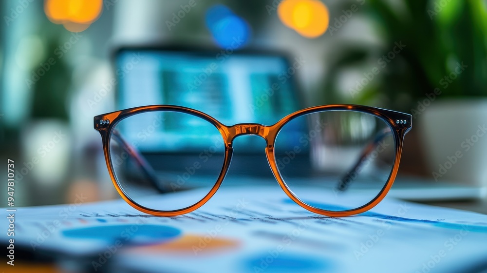 Close-Up of Stylish Eyeglasses on Desk with Blurred Laptop and Documents in Background Close-Up of Stylish Eyeglasses on Desk with Blurred Laptop and Documents in Background
