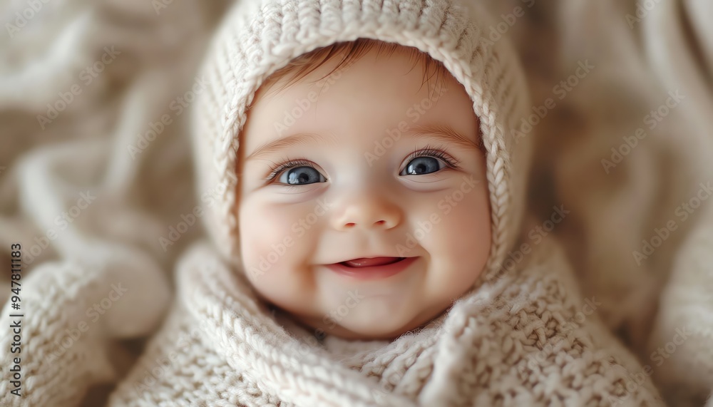 Adorable baby in a cozy knitted sweater, wideeyed with joy, pure happiness in its expression Adorable baby in a cozy knitted sweater, wideeyed with joy, pure happiness in its expression