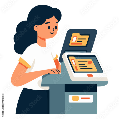 Girl Printing on a Printing Machine. Flat Vector Illustration