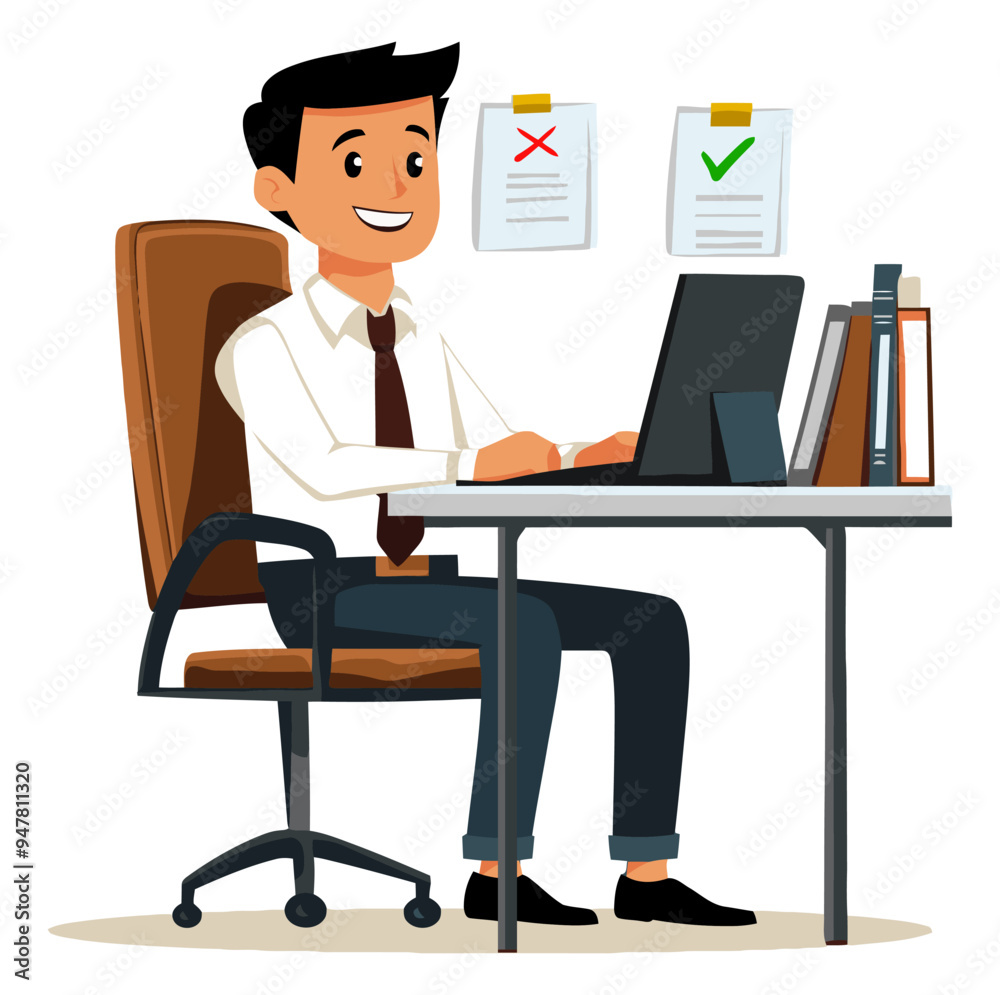 Office Boy Working on a Laptop at a Desk. Flat Vector Illustration Office Boy Working on a Laptop at a Desk. Flat Vector Illustration