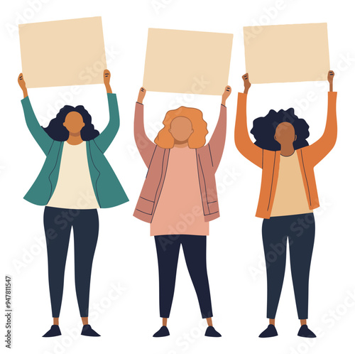 Three women holding blank protest signs, Flat Vector Illustration