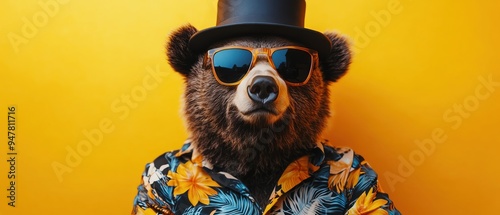 Bear in sunglasses and top hat, wearing a Hawaiian shirt, set against a bright yellow background photo