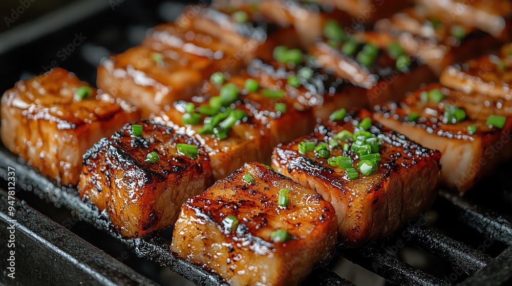 Closeup of sizzling pork belly on a grill, glazed with sauce and garnished with green onions Closeup of sizzling pork belly on a grill, glazed with sauce and garnished with green onions