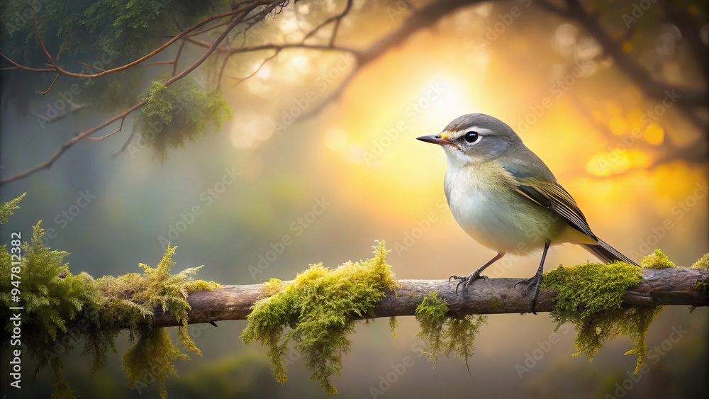 Ethereal misty dawn landscape reveals a songbird's gentle slumber on a weathered branch, feathers merging with lichen-covered bark, as dawn's warmth infuses the air. Ethereal misty dawn landscape reveals a songbird's gentle slumber on a weathered branch, feathers merging with lichen-covered bark, as dawn's warmth infuses the air.